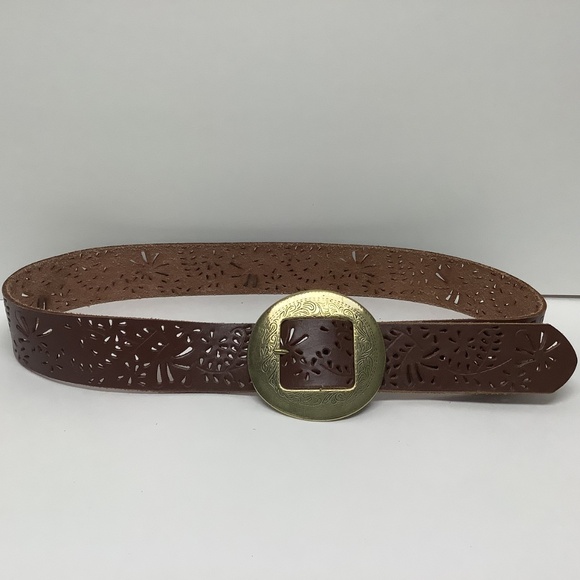 Vintage Coldwater Creek Leather floral round circle brass 4in buckle Large - Picture 5 of 5